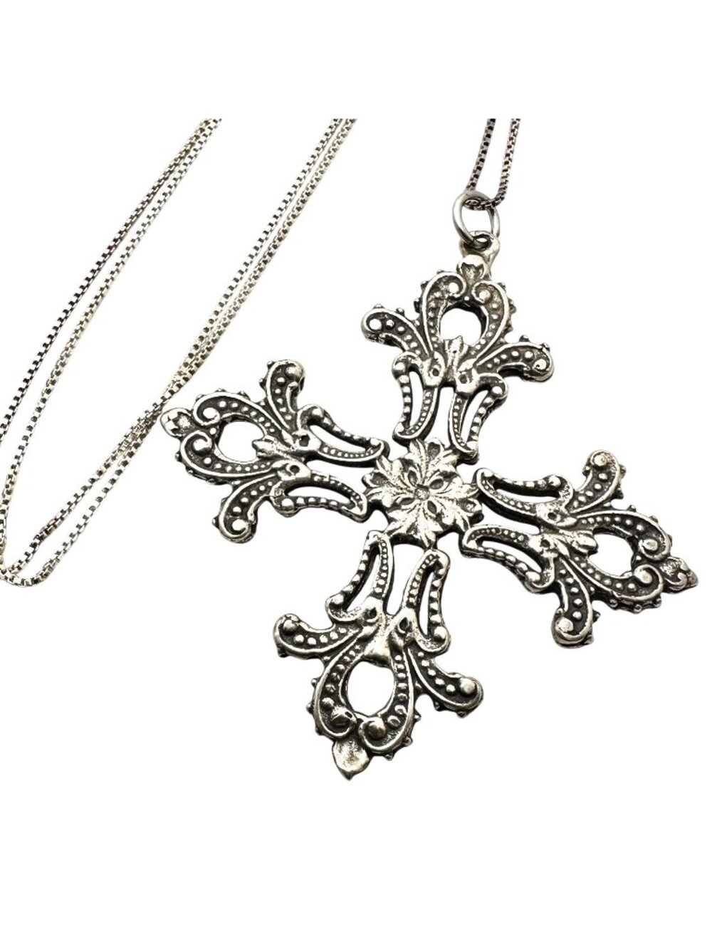 Vintage Italian Sterling Silver Large Ornate Maltese Cross 18" Chain Necklace